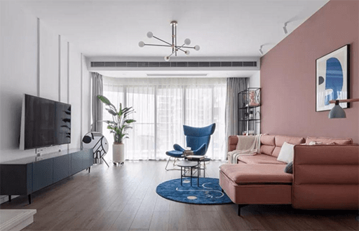 a decorated room with an air outlet panel of a central air conditioner